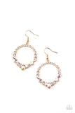 The bottom of a white rhinestone encrusted gold hoop is dotted in an intermix of classic white rhinestones and marquise and square cut iridescent gems, resulting in a stellar hoop. Earring attaches to a standard fishhook fitti