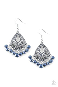 A pearly blue fringe swings from the bottom of an ornate silver frame radiating with glassy white rhinestones for a refined look. Earring attaches to a standard fishhook fitting.