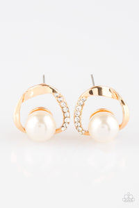 Encrusted in glittery white rhinestones, a glistening gold ribbon wraps around a pearly white bead for an elegant look. Earring attaches to a standard post fitting.