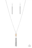 Swinging from a lengthened silver chain, a faceted brown bead gives way to a shimmery silver tassel for a whimsical look. Features an adjustable clasp closure.