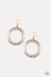 Glittery white rhinestones are encrusted haphazardly along the center of a glistening gold hoop radiating with scratched shimmer for a refined look. Earring attaches to a standard fishhook fitting.