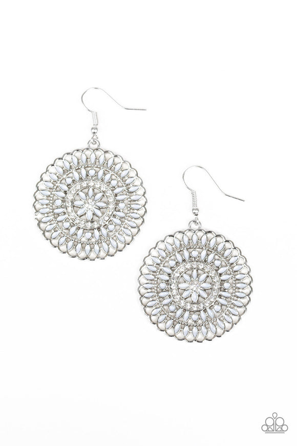 <p>Infused with a ring of dainty white rhinestones, neutral gray petals spin around a frilly silver frame for a whimsical look. Earring attaches to a standard fishhook fitting.</p> <p><i>Sold as one pair of earrings.</i></p>