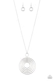 Threaded through a silver fitting, a collection of silver hoops collect into a dizzying pendant at the bottom of a lengthened silver chain for a refined look. Features an adjustable clasp closure.