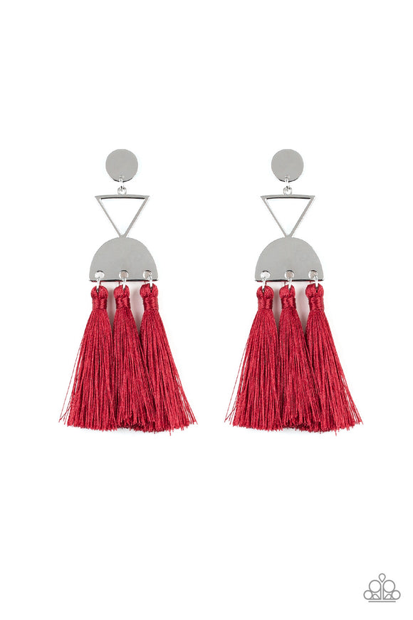 A shimmery silver disc, airy silver triangle, and shimmery half moon frame link into a geometric lure. Three red threaded tassels swing from the bottom of the stacked frame for a trendy finish. Earring attaches to a standard post fitting.