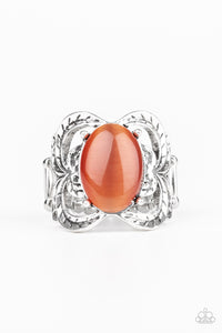 A glowing orange cat's eye stone is pressed into the center of a shimmery silver frame etched in leafy details for a whimsical look. Features a stretchy band for a flexible fit.  Sold as one individual ring.