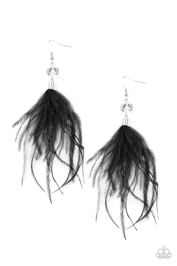 Fuzzy black feathers swing from the bottom of an oversized white rhinestone, creating a refined lure. Earring attaches to a standard fishhook fitting.