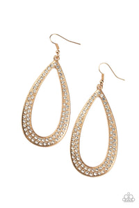 A glistening gold teardrop is encrusted in rows of glassy white rhinestones for a statement-making look. Earring attaches to a standard fishhook fitting.