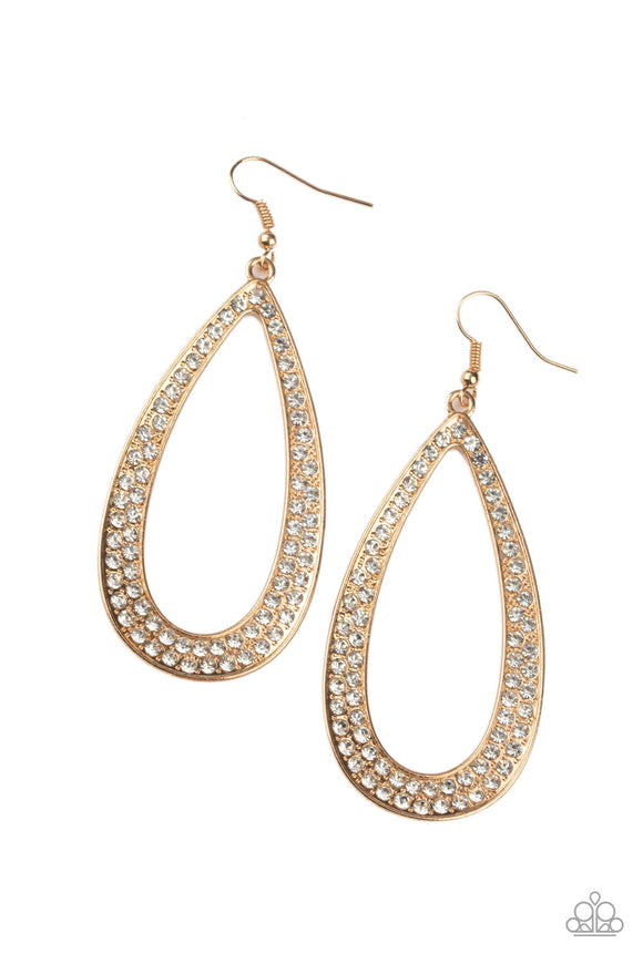 A glistening gold teardrop is encrusted in rows of glassy white rhinestones for a statement-making look. Earring attaches to a standard fishhook fitting.