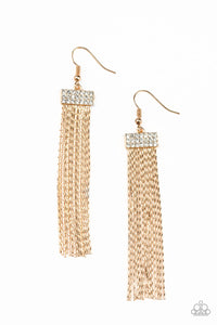 Dainty flat gold chains stream from the bottom of a rectangular gold frame stacked with rows of glittery white rhinestones, creating a shimmery tassel. Earring attaches to a standard fishhook fitting.