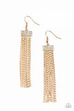 Dainty flat gold chains stream from the bottom of a rectangular gold frame stacked with rows of glittery white rhinestones, creating a shimmery tassel. Earring attaches to a standard fishhook fitting.