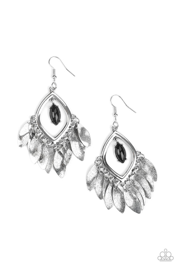 A polished black bead swings from the top of a marquise-shaped silver frame. Delicately hammered in antiqued texture, flared silver charms cascade from the bottom of the frame, creating a noisy fringe. Earring attaches to a standard fishhook fitting.