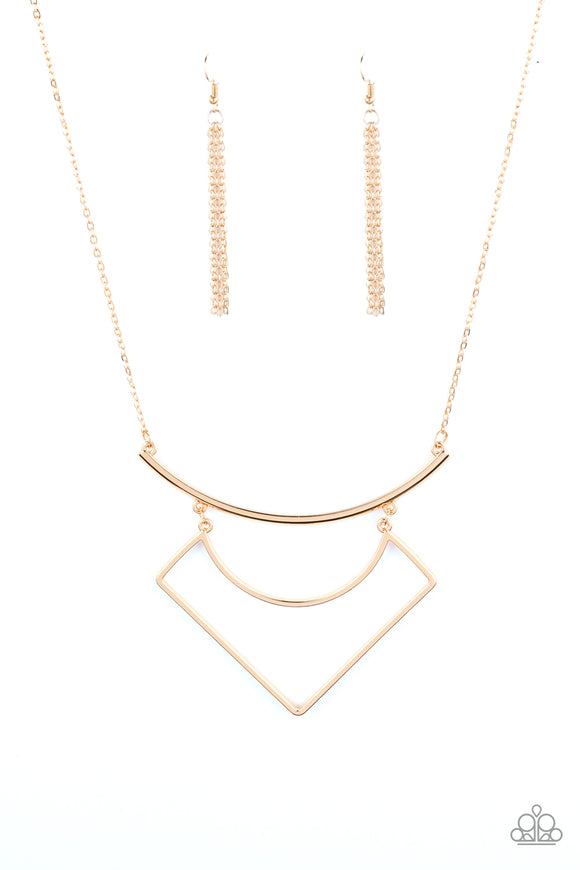 A bowing gold bar links with an abstract angled frame at the bottom of a dainty gold chain, creating an airy geometrical plate below the collar. Features an adjustable clasp closure.