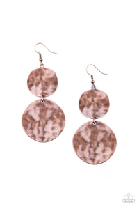 Delicately hammered in rippling antiqued textures, a pair of imperfect copper discs link into a dramatic industrial lure. Earring attaches to a standard fishhook fitting.