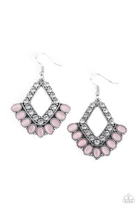 A stationary fringe of oval pink cat's eye stones flare out from the bottom of a white rhinestone encrusted kite-shaped silver frame, creating a colorfully refined display. Earring attaches to a standard fishhook fitting.