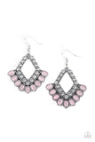 A stationary fringe of oval pink cat's eye stones flare out from the bottom of a white rhinestone encrusted kite-shaped silver frame, creating a colorfully refined display. Earring attaches to a standard fishhook fitting.