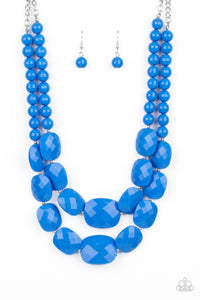 Featuring square facets, strands of polished French Blue beads give way to an oversized collection of flattened French Blue beads. Featuring faceted surfaces, the asymmetrical beads catch and reflect the light as they flawlessly layer below the collar. Features an adjustable clasp closure.