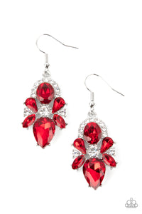 Featuring regal marquise, teardrop, and oval cuts, a sparkly collection of fiery red rhinestones adorn a glittery backdrop of glassy white rhinestones, creating a dramatically dazzling centerpiece. Earring attaches to a standard fishhook fitting.  Sold as one pair of earrings.