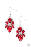 Featuring regal marquise, teardrop, and oval cuts, a sparkly collection of fiery red rhinestones adorn a glittery backdrop of glassy white rhinestones, creating a dramatically dazzling centerpiece. Earring attaches to a standard fishhook fitting.  Sold as one pair of earrings.