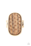 Encased in a sleek gold frame, a rustic piece of wood sits atop the finger for an unexpected refinement. Features a stretchy band for a flexible fit