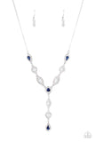 White rhinestone encrusted oval and teardrop silver frames delicately link with matching blue rhinestone dotted frames below the collar. Matching frames trickle from the center, creating an elegant extended pendant. Features an adjustable clasp closure.