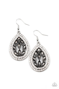 Smoky marquise cut rhinestones collect inside two borders of glassy white rhinestones, coalescing into a sparkly teardrop. Earring attaches to a standard fishhook fitting.