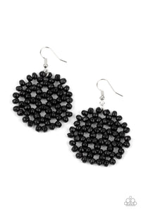 Clusters of dainty black wooden beads are threaded along invisible wire, creating a vivacious floral pattern frame for a summery flair. Earring attaches to a standard fishhook fitting.