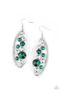 An oversized collection of glassy white and glittery green rhinestones sparkle inside a silver oval frame. One side of the frame is encrusted in dainty white rhinestones, adding a refined flair to the bubbly lure. Earring attaches to a standard fishhook fitting.