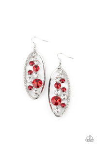 An oversized collection of glassy white and glittery red rhinestones sparkle inside a silver oval frame. One side of the frame is encrusted in dainty white rhinestones, adding a refined flair to the bubbly lure. Earring attaches to a standard fishhook fitting