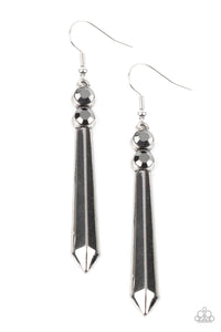 A pair of smoky hematite rhinestones crowns a flared silver rod, creating a sharp-looking lure. Earring attaches to a standard fishhook fitting.