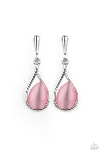 A glowing pink cat's eye stone sits askance in a simple silver teardrop frame as it dangles from a solid silver bulb creating a polished finish. Earring attaches to a standard post fitting.