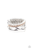 Bands of crisscrossing shining silver bars are highlighted by a row of glittering light topaz rhinestones for a ritzy finish across the finger. Features a stretchy band for a flexible fit.