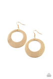 Brushed in a high sheen matte, a round gold frame is scratched in a gritty linear pattern for a rustic fashion. Earring attaches to a standard fishhook fitting.