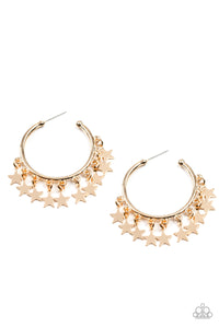 A shiny collection of gold star charms trickles from the bottom of a classic gold hoop, creating a stellar fringe. Earring attaches to a standard post fitting. Hoop measures approximately 1 1/4" in diameter.