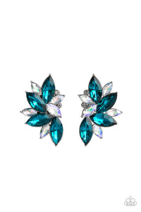 Infused with dainty white rhinestones, a stellar display of blue and iridescent marquise cut rhinestones fan out into a spectacular centerpiece. Earring attaches to a standard post fitting.