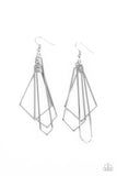 A mismatched collection of flared geometric silver frames link into a layered lure, creating an edgy metallic tassel. Earring attaches to a standard fishhook fitting.