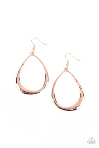 Featuring a shiny finish, an asymmetrical rose gold teardrop swings from the ear for a classic artisanal look. Earring attaches to a standard fishhook fitting.