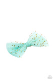 Flecked in dainty gold stars, ribbons of minty green tulle delicately knot into a twinkly bow for a stellar fashion. Features a standard hair clip on the back