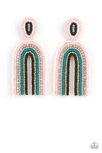 Infused with a single row of glassy white rhinestones, dainty strands of white, pink, gray, blue, gold, and black seeds stack into a colorful rainbow at the bottom of a matching seed beaded fitting. Earring attaches to a standard post fitting.