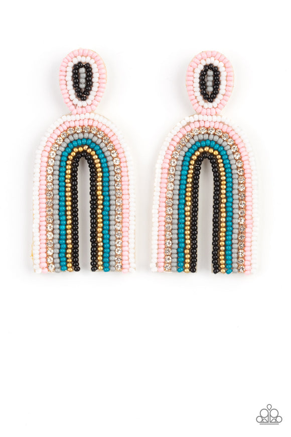 Infused with a single row of glassy white rhinestones, dainty strands of white, pink, gray, blue, gold, and black seeds stack into a colorful rainbow at the bottom of a matching seed beaded fitting. Earring attaches to a standard post fitting.