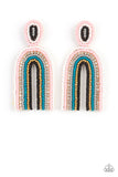 Infused with a single row of glassy white rhinestones, dainty strands of white, pink, gray, blue, gold, and black seeds stack into a colorful rainbow at the bottom of a matching seed beaded fitting. Earring attaches to a standard post fitting.