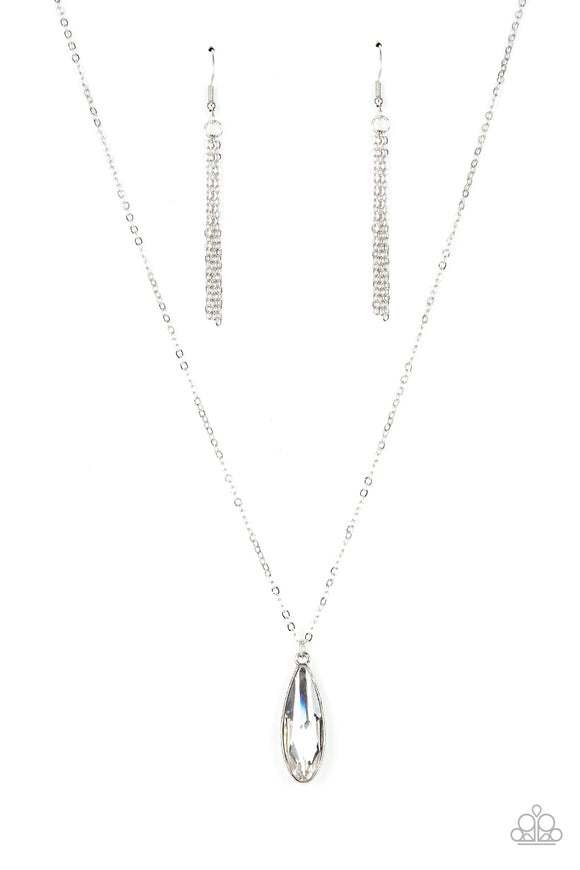 Encased in a sleek silver fitting, an elongated white teardrop gem swings from the bottom of a classic silver chain below the collar for a timeless elegance. Features an adjustable clasp closure.