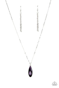 Encased in a sleek silver fitting, an elongated purple teardrop gem swings from the bottom of a classic silver chain below the collar for a timeless elegance. Features an adjustable clasp closure.  Sold as one individual necklace. Includes one pair of matching ear