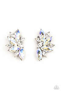 Infused with dainty white rhinestones, a stellar display of iridescent and white marquise cut rhinestones fan out into a spectacular centerpiece. Earring attaches to a standard post fitting.