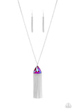 Featuring a UV shimmer, an oversized pink triangular gem swings from the bottom of a lengthened silver chain. A curtain of silver chains streams out from the bottom of the sparkly pendant, adding playful movement to the glamorous statement piece. Features an adjustable clasp closure.