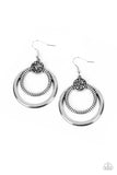 Smooth and textured silver hoops connect to the bottom of a silver fitting embellished in smoky and hematite rhinestones, creating a dizzying lure. Earring attaches to a standard fishhook fitting.  Sold as one pair of earri