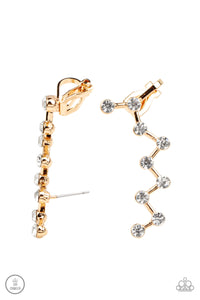 Strategically placed white rhinestones are connected by dainty gold bars as they zigzag up the ear, creating a stellar constellation. Earring attaches to a standard post fitting. Features a dainty cuff attached to the top for a secure fit.