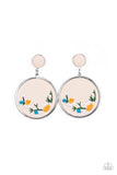 A small leather disc, encased in a simple silver frame, anchors a larger leather circle that is adorned with fanciful embroidered flowers creating a whimsical lure. Earring attaches to a standard post fitting.