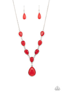 Encased in sleek silver fittings, a chain of faceted red teardrops give way to an oversized red teardrop pendant for a fiery pop of color below the collar. Encased in sleek silver fittings, a chain of faceted red teardrops give way to an oversized red teardrop pendant for a fiery pop of color below the collar. Features an adjustable clasp closure. an adjustable clasp closure.