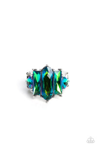 Featuring a stellar UV finish, an iridescent collection of triangular, emerald, and oval cut green rhinestones are encrusted across the center of a thick silver band for an out-of-this-world fashion. Features a stretchy band for a flexible fit. Due to its prismatic palette, color may vary.