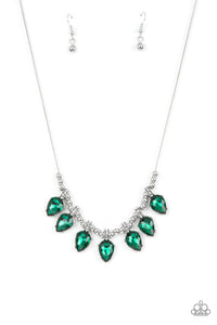 Featuring glittery white rhinestone fittings, an oversized collection of glittery green teardrop gems are separated by trios of shiny silver beads along a round silver snake chain below the collar for a glamorous fringe. Features an adjustable clasp closure.